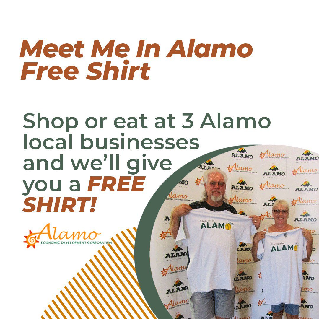 An elderly couple holding their free t-shirt after visiting three businesses in Alamo TX.