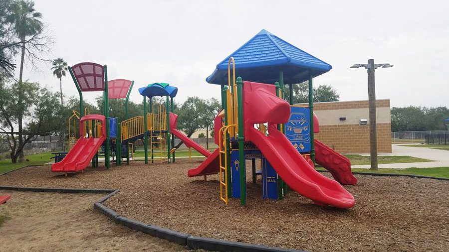 Large yellow and blue playground built next the economical development corporation in McAllen.